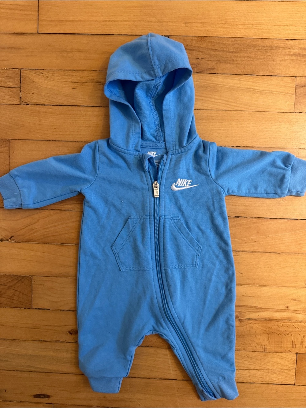 Nike Light Blue Hooded Baby One-Piece Zipper Footie 3 months